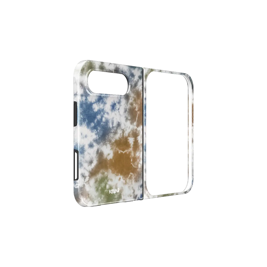 Brown Blue Tie, Dye, Earthy Boho iPhone 18 Fold Case, unfolded side view showing the hinge
