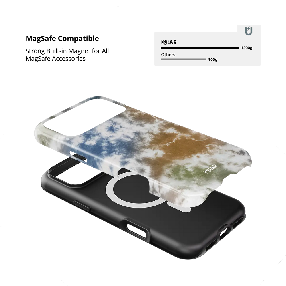 Indigo Soil brown-blue tie-dye Tough iPhone case with built-in strong MagSafe magnets.