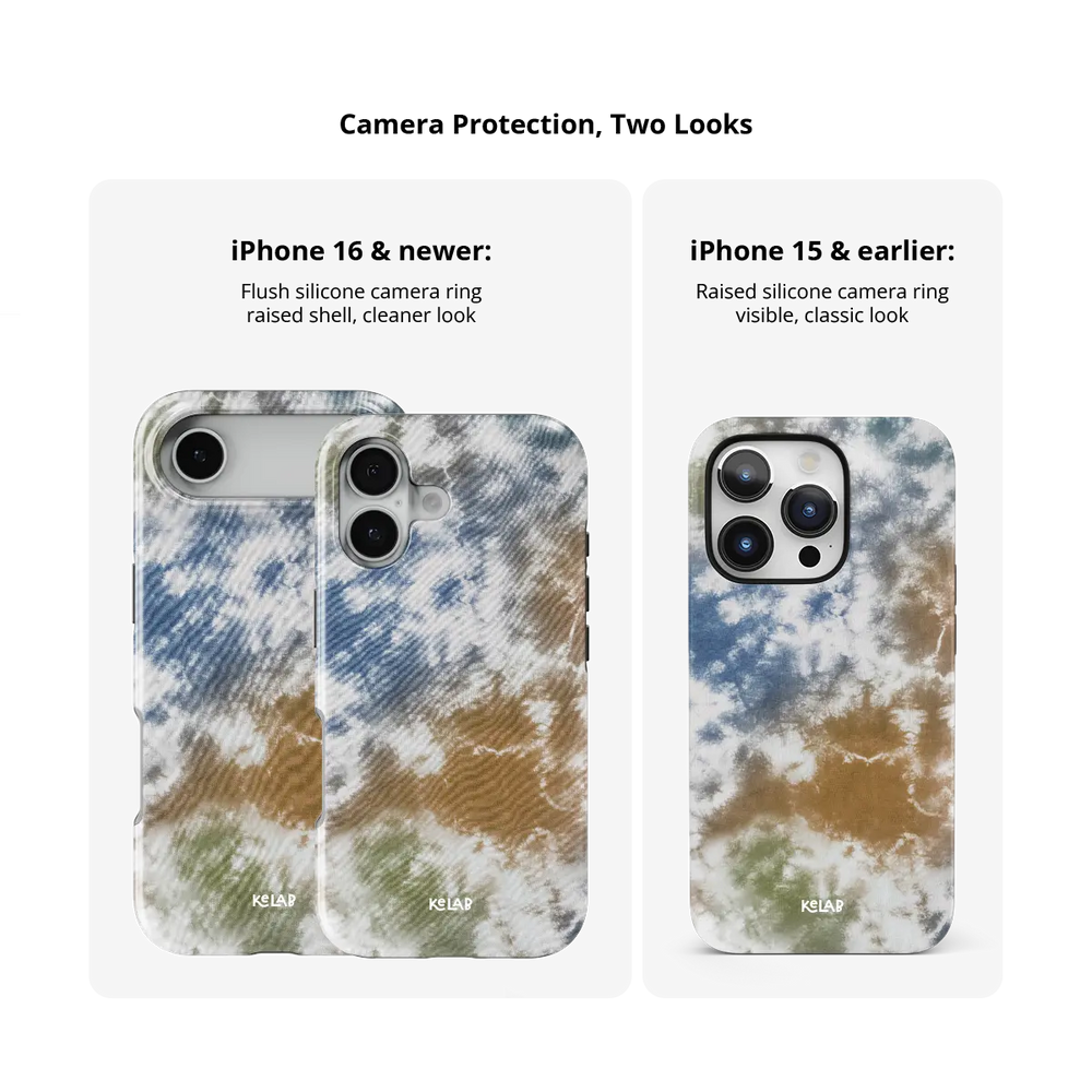 Indigo Soil brown-blue tie-dye Tough iPhone case size comparison across iPhone 15 to 18 models.