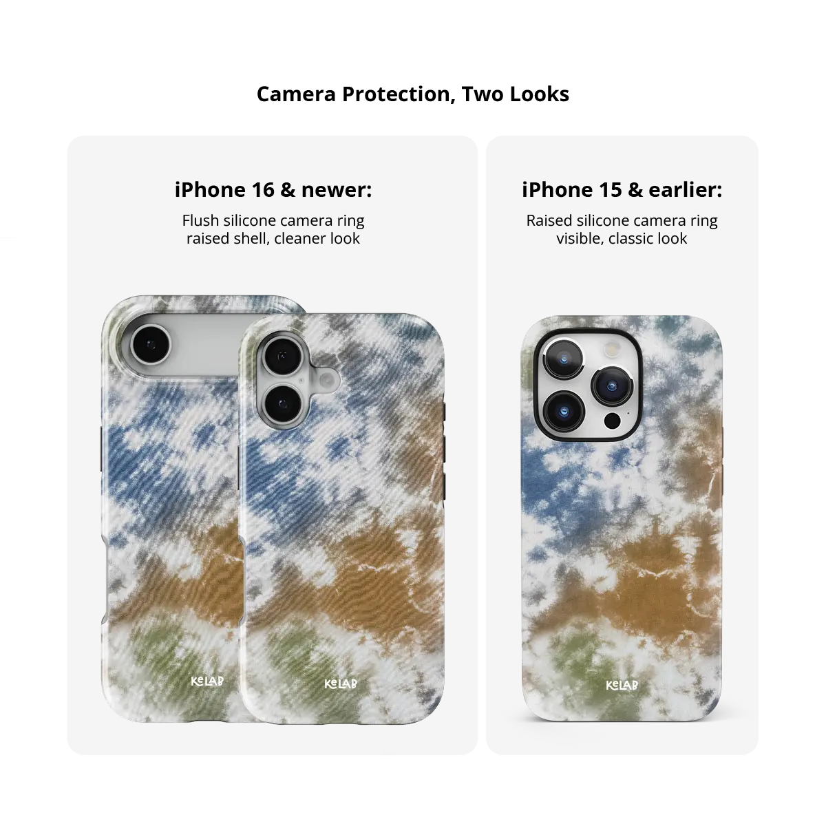 Indigo Soil brown-blue tie-dye Tough iPhone case size comparison across iPhone 15 to 18 models.