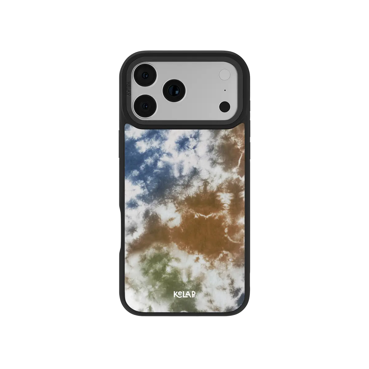 Tie-dye KELAB iPhone Case blue brown cloudy print with raised lens openings on a black edge
