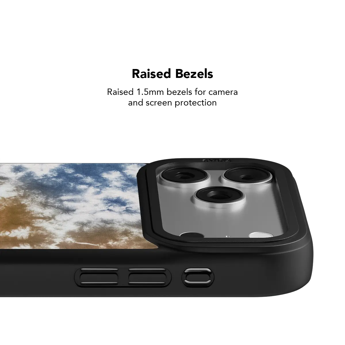 Black KELAB iPhone Case with raised triple camera lens openings and protective bumper edges