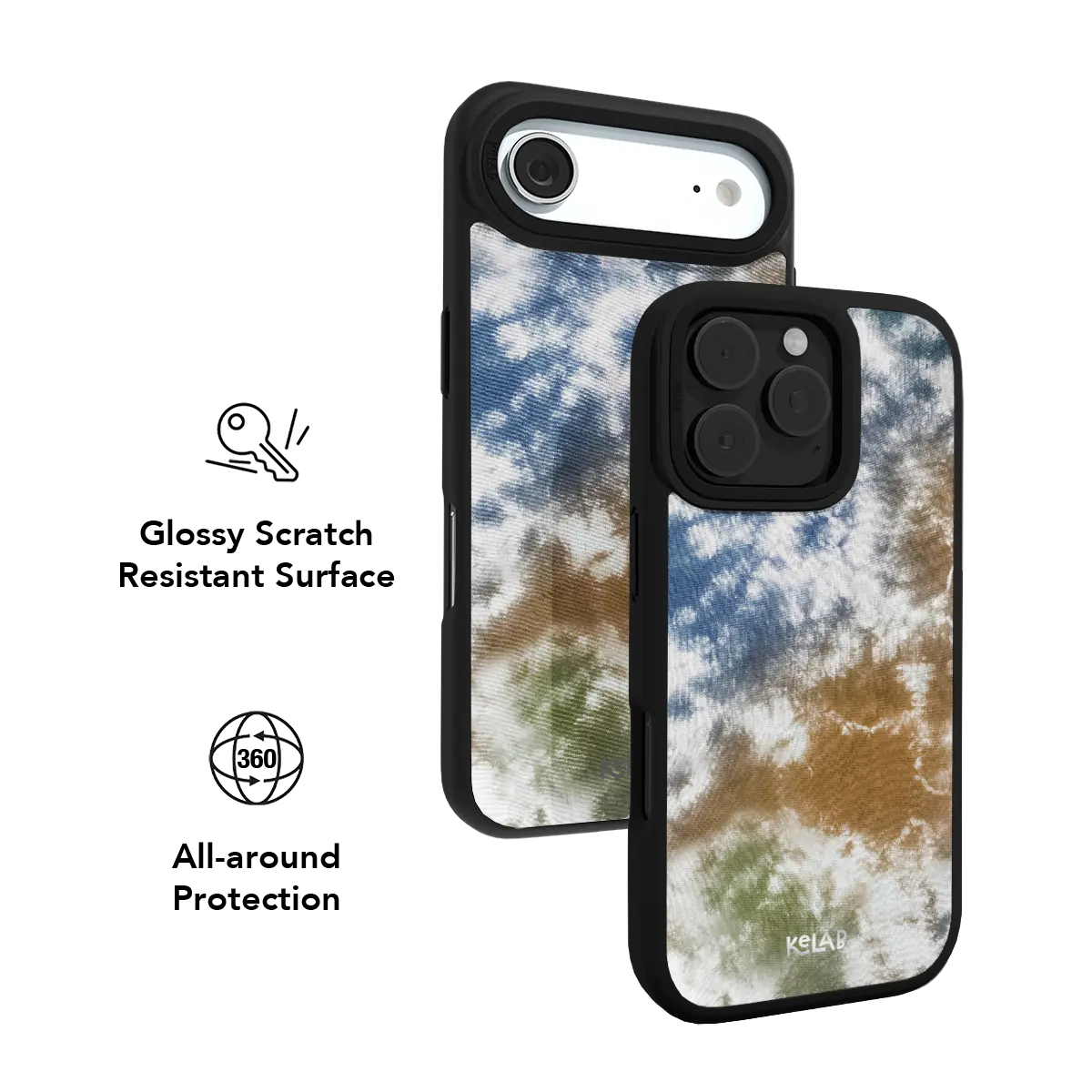 KELAB iPhone Case with blue brown green tie-dye pattern and black bumper case cover