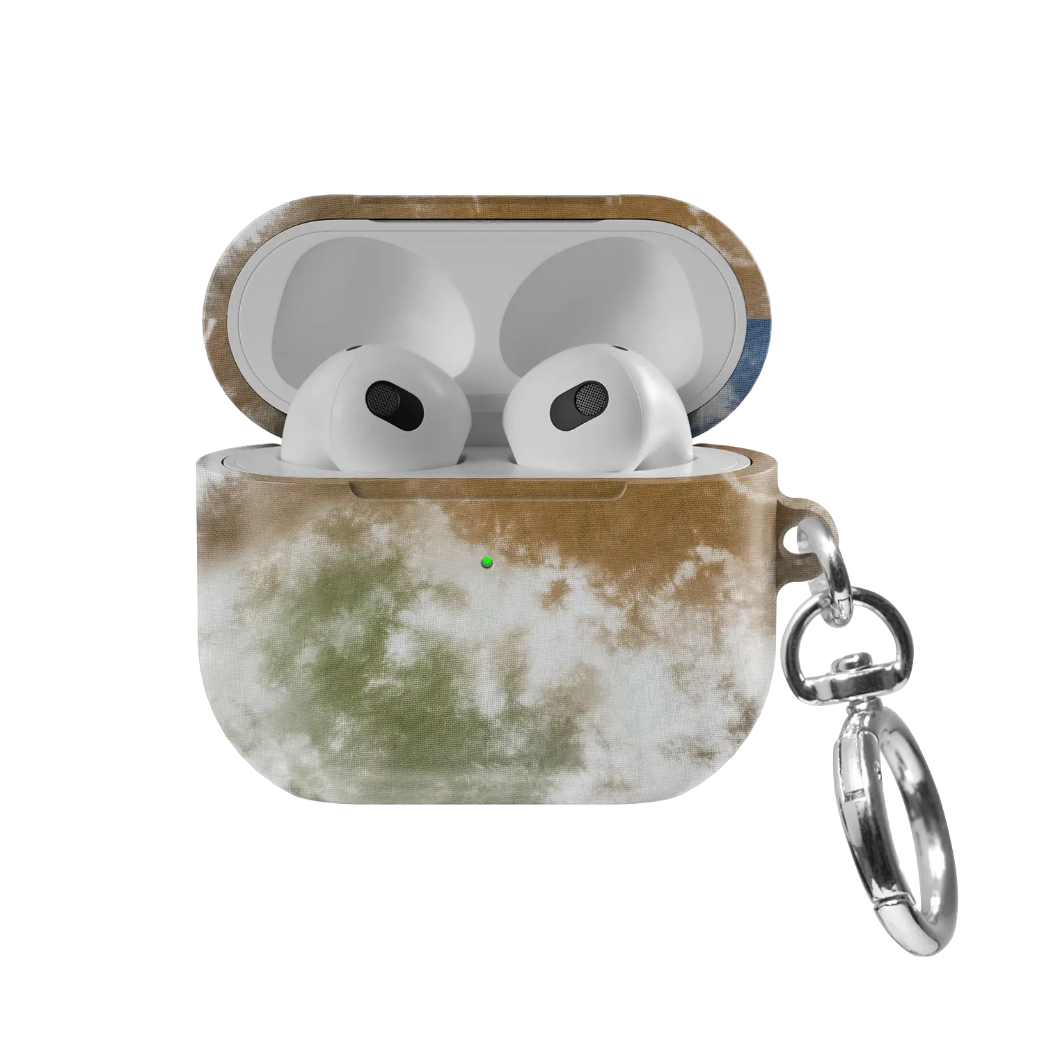 Indigo Soil AirPods case — front view with lid open, showing brown-to-blue tie-dye swirl and AirPods nested inside