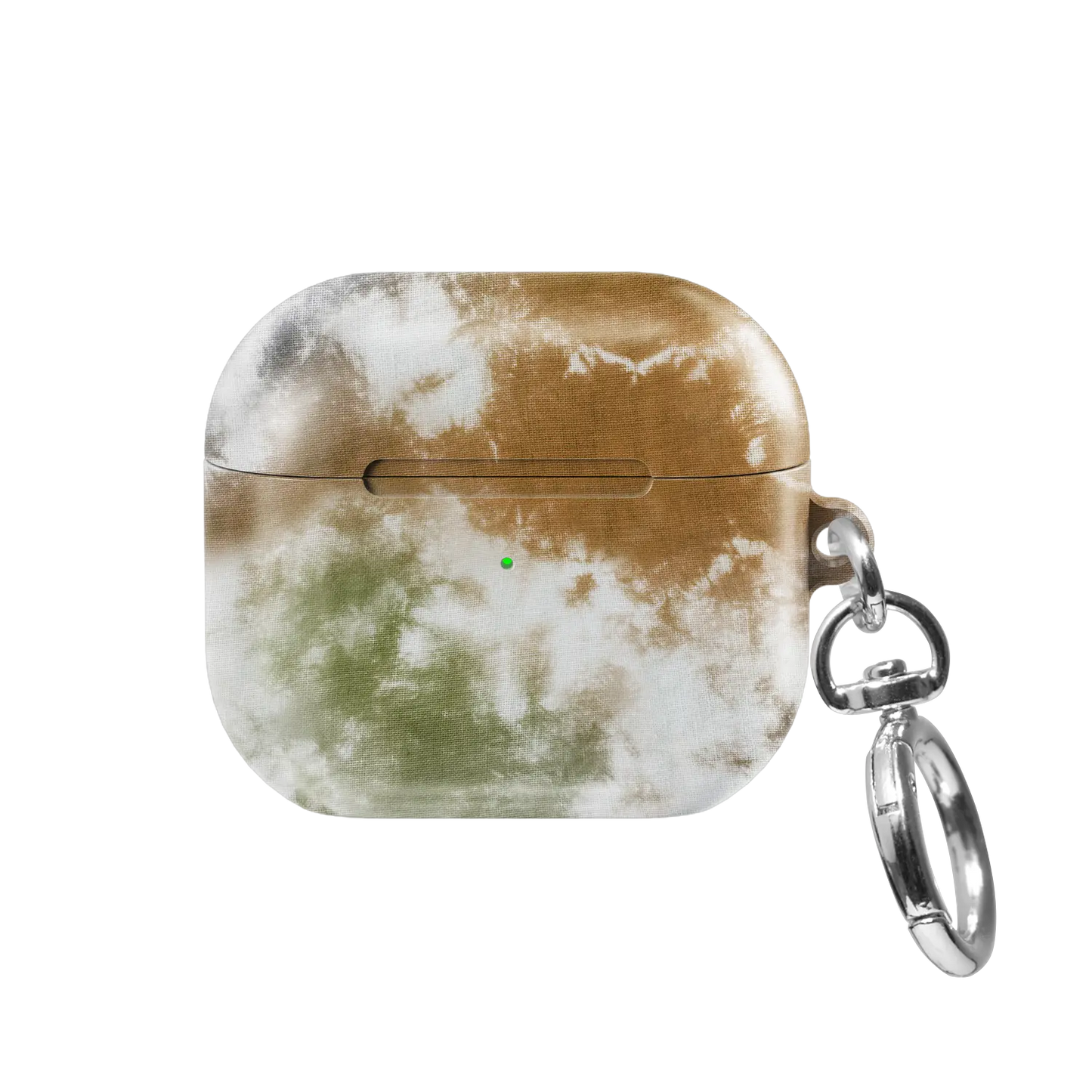 Indigo Soil AirPods case — front view showing sandy brown tie-dye pattern with keychain clasp
