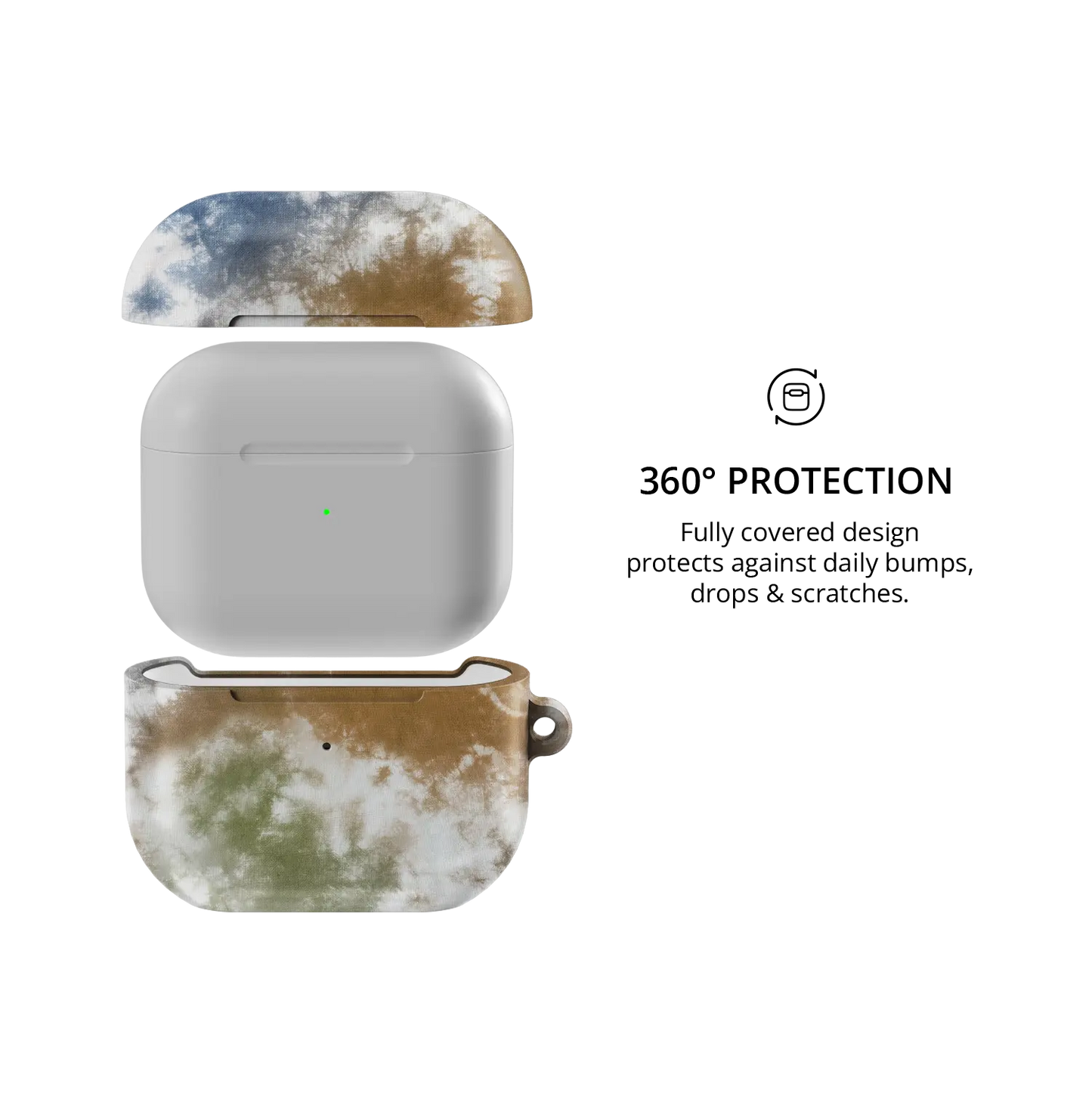 Indigo Soil AirPods case — front and back views highlighting full 360° protective coverage