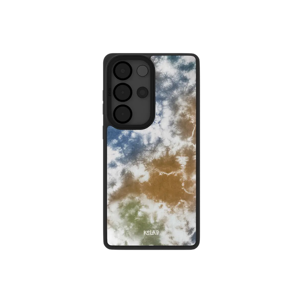 Brown and blue tie dye Samsung Galaxy case, back view with a sandy brown and navy swirl around the camera cutout