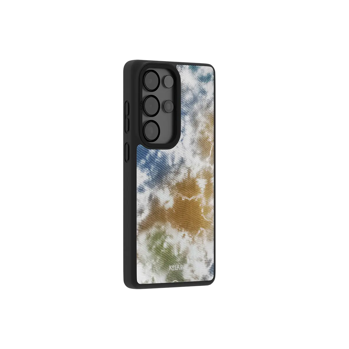 Brown and blue tie dye Samsung Galaxy case at a side angle showing the wrapped button covers