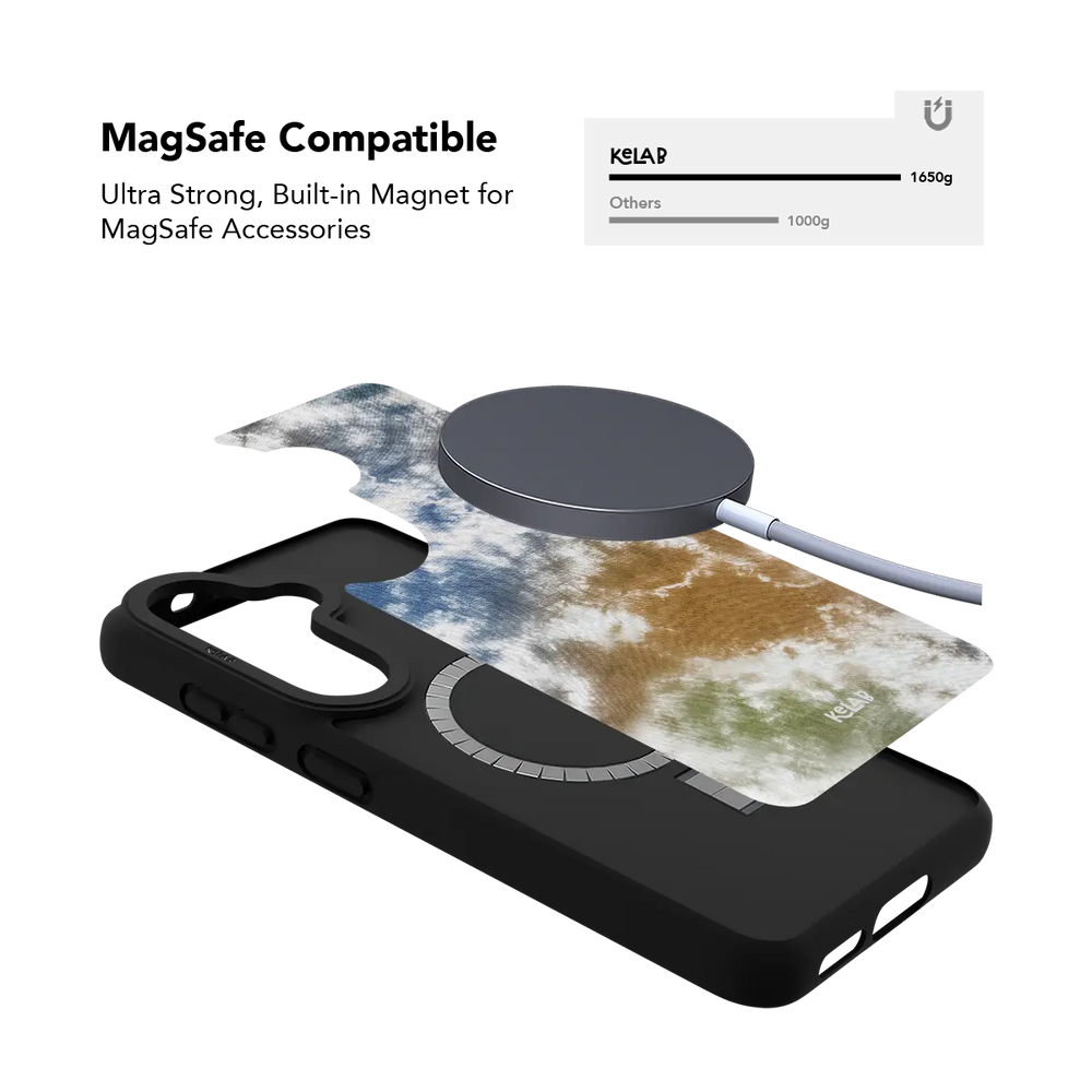 Brown and blue tie dye Samsung Galaxy case holding a magnetic wireless charger through the built in ring
