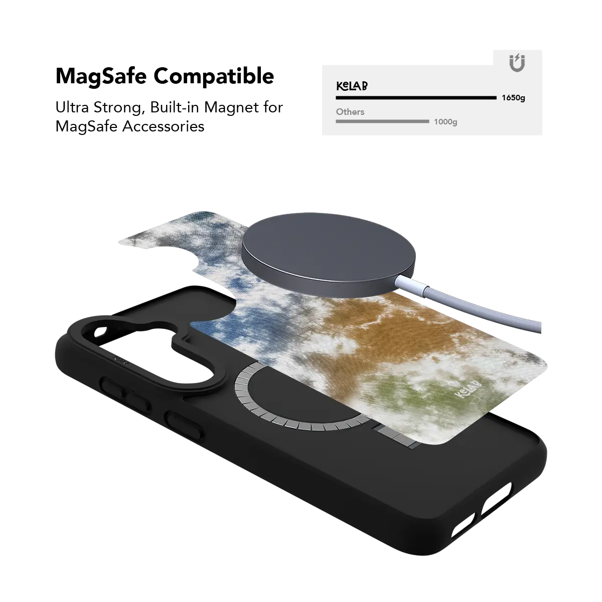 Brown and blue tie dye Samsung Galaxy case holding a magnetic wireless charger through the built in ring