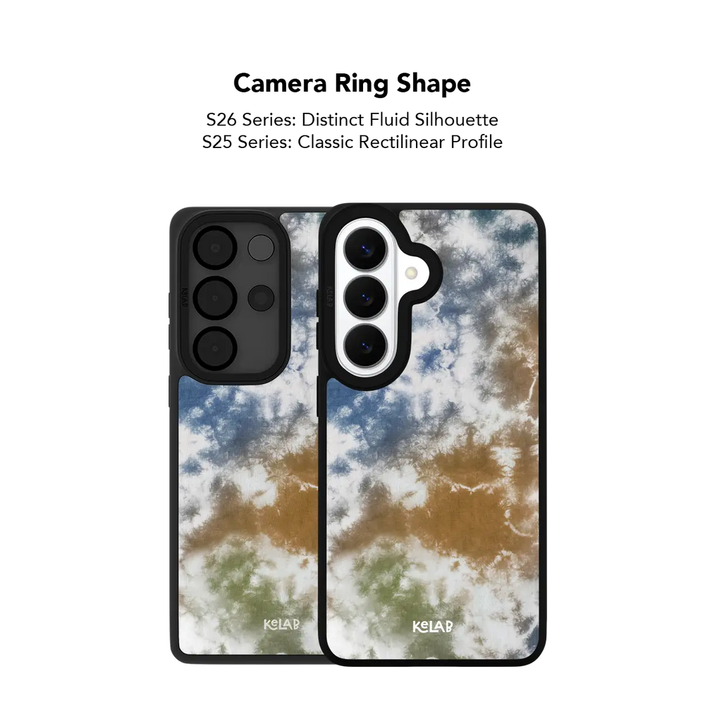 Close up of the camera ring cutout on the brown and blue tie dye Samsung Galaxy case