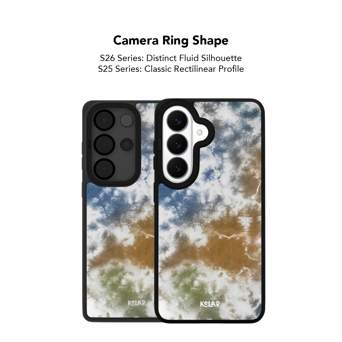 Close up of the camera ring cutout on the brown and blue tie dye Samsung Galaxy case