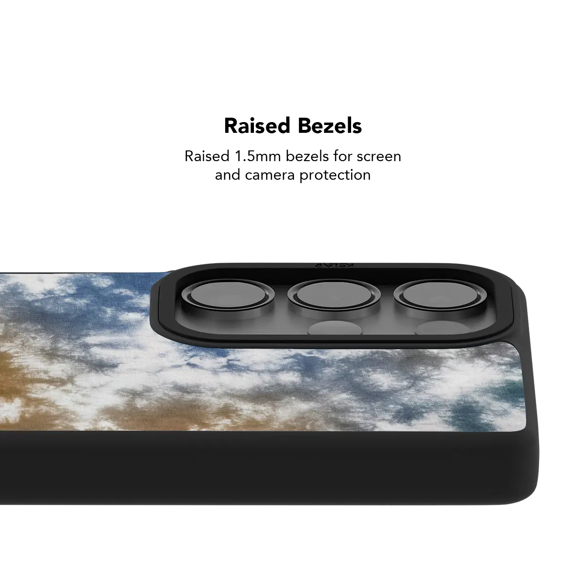 Raised bezel on the brown blue tie dye Galaxy case lifting the camera lenses clear of a flat surface