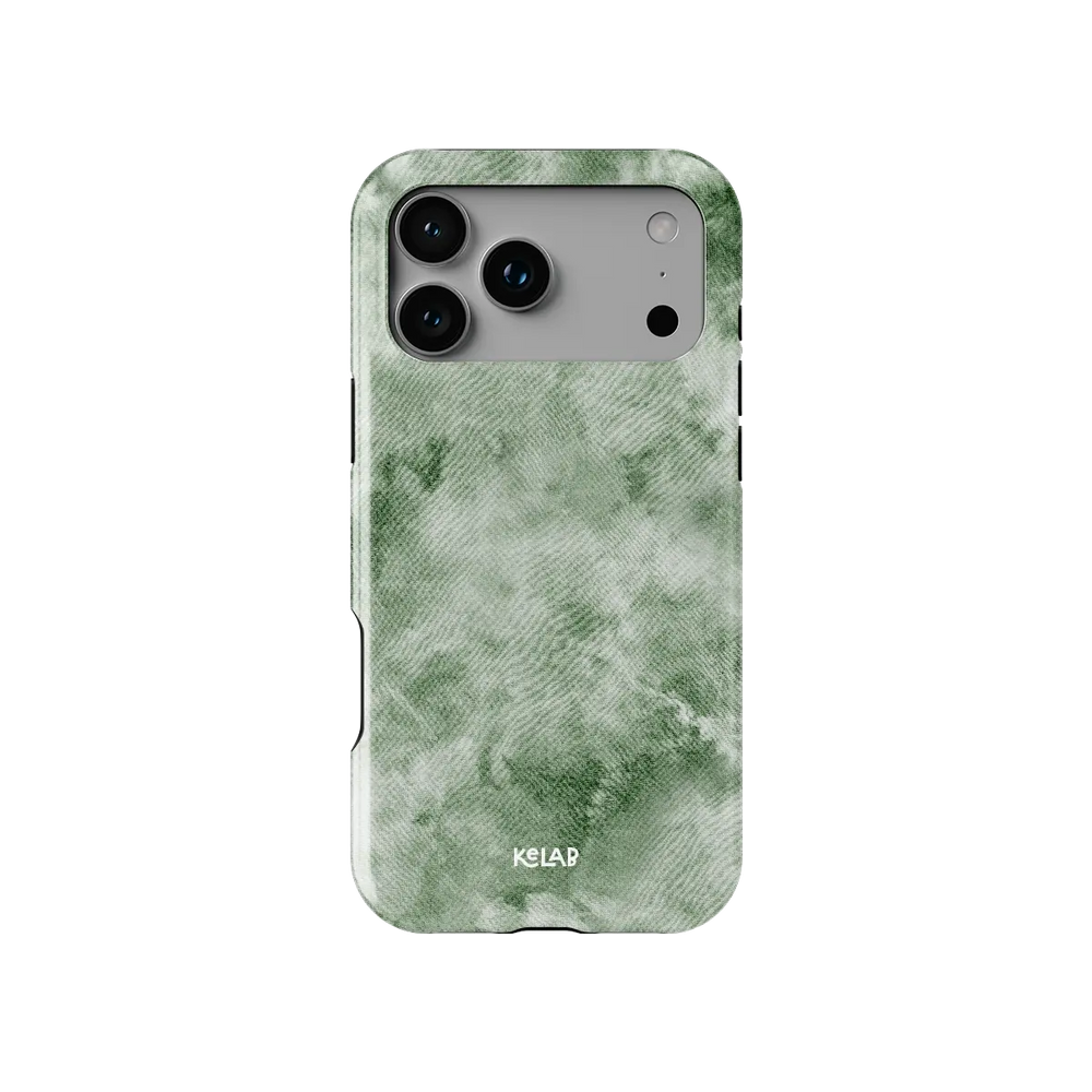 Eucalyptus Dream green tie-dye Tough iPhone case, front view showing the pattern.