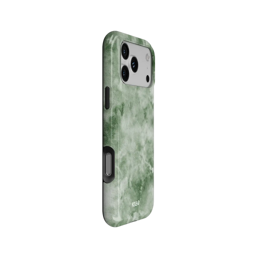 Eucalyptus Dream green tie-dye Tough iPhone case, side view showing the pattern wrapped around the shell.