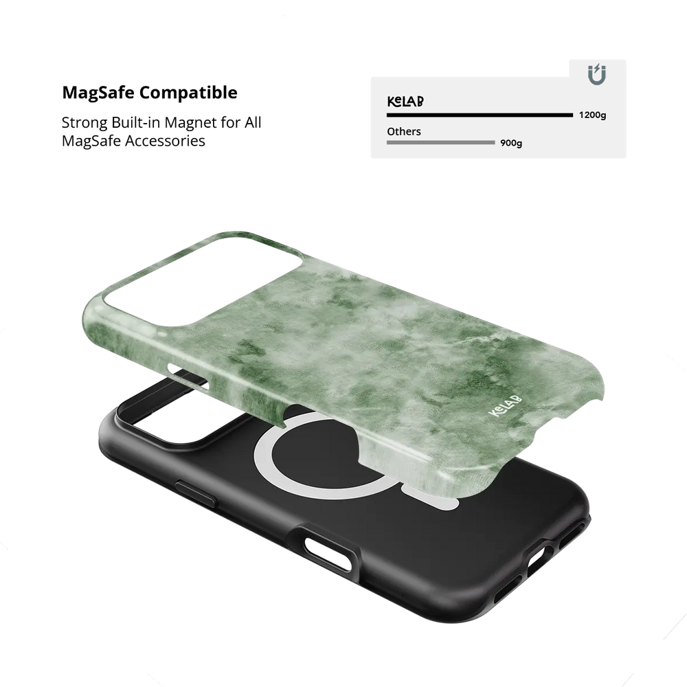 Eucalyptus Dream green tie-dye Tough iPhone case with built-in strong MagSafe magnets.