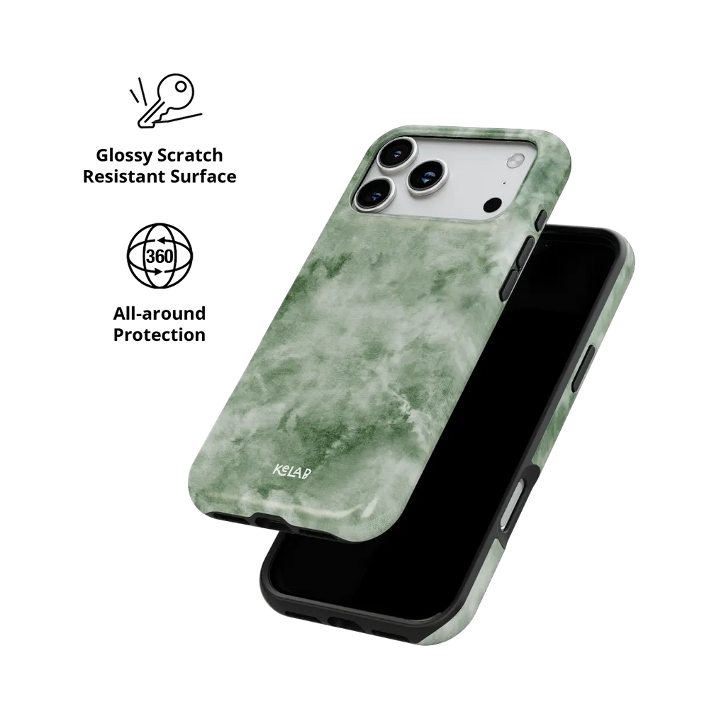 Eucalyptus Dream green tie-dye Tough iPhone case with glossy, scratch resistant all-around protection.