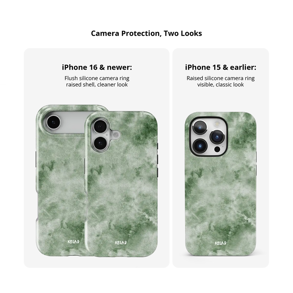 Eucalyptus Dream green tie-dye Tough iPhone case size comparison across iPhone 15 to 18 models.