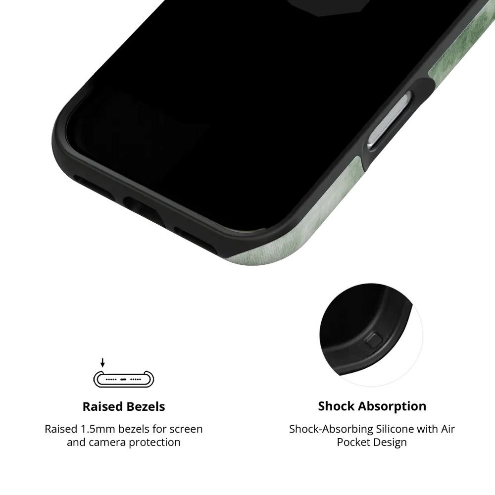 Eucalyptus Dream green tie-dye Tough iPhone case inner view showing shock-absorbing drop protection.