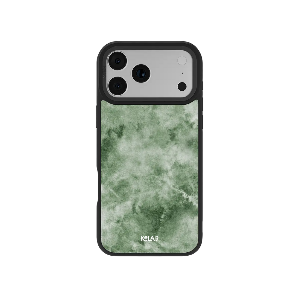 Green KELAB iPhone Case with mottled textile pattern and raised camera openings