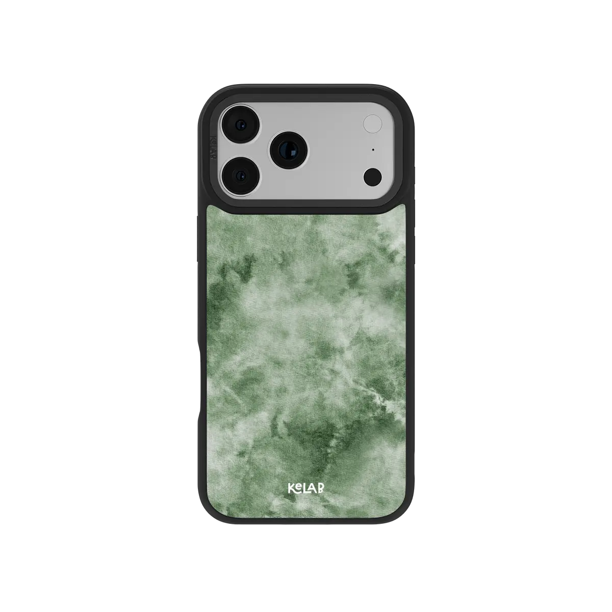 Green KELAB iPhone Case with mottled textile pattern and raised camera openings