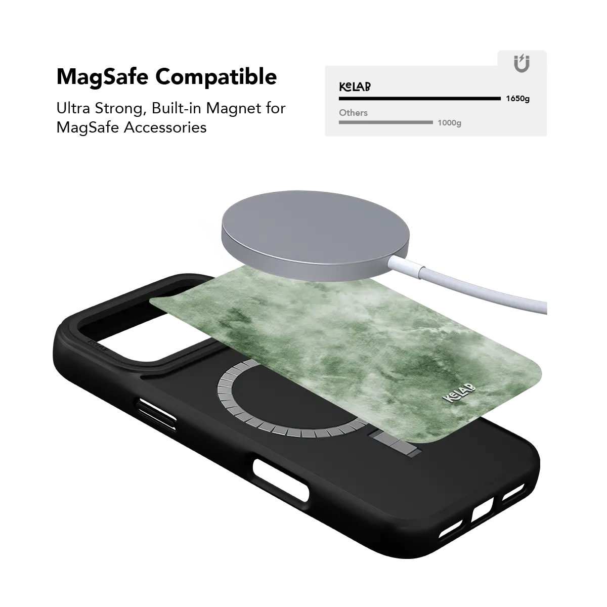 Black KELAB iPhone Case with green textile cover and MagSafe chrome ring detail