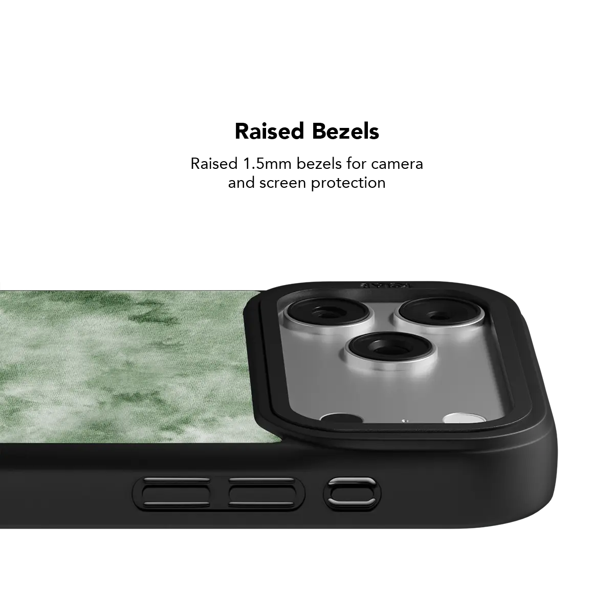 Black KELAB iPhone Case with triple lens openings, raised edges, and green fabric backing