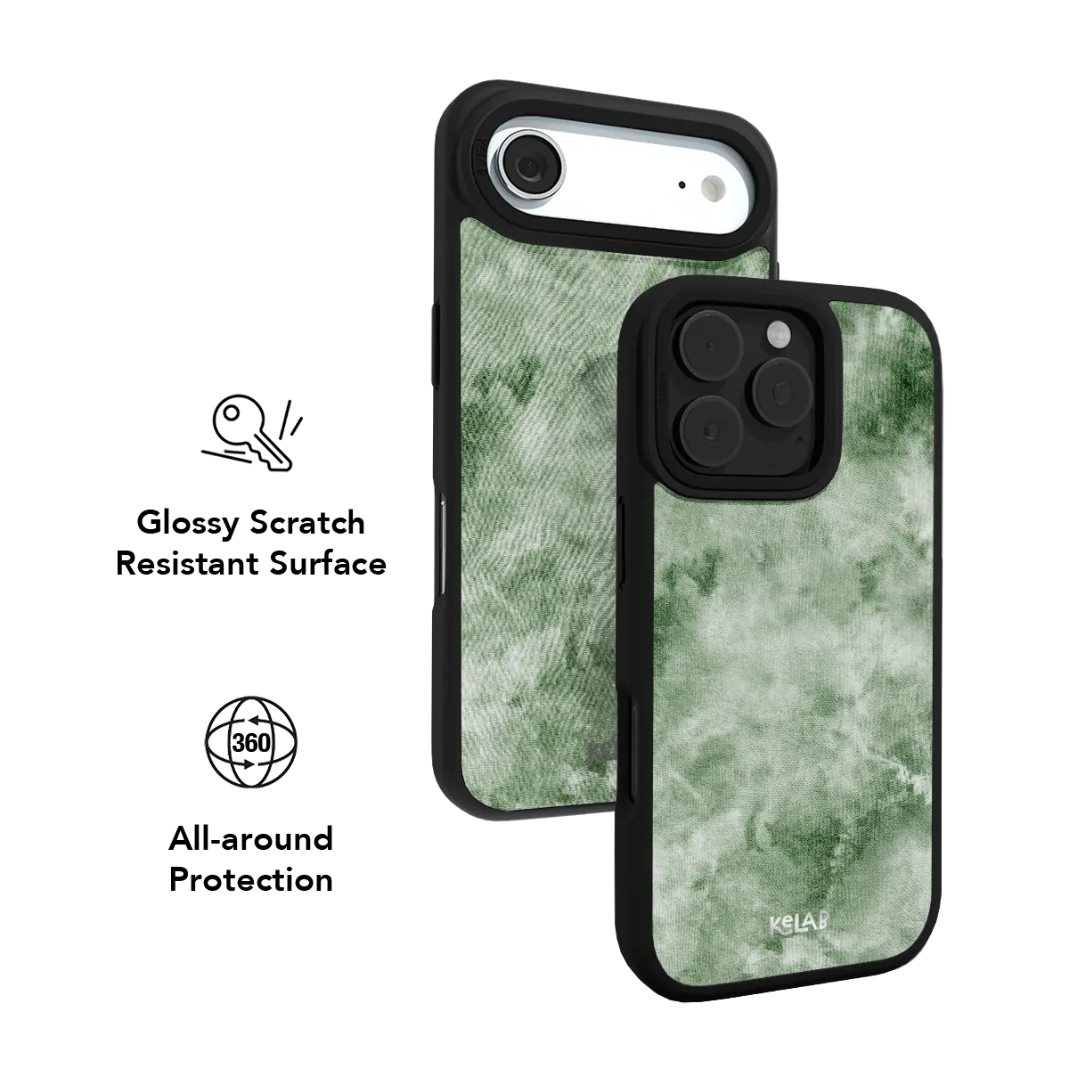 Green textile iPhone Case by KELAB with raised camera lens area and dark protective frame
