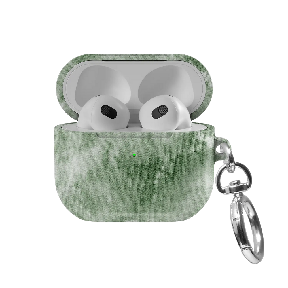 Eucalyptus Dream AirPods case — front view with lid open, showing sage green tie-dye swirl and AirPods nested inside