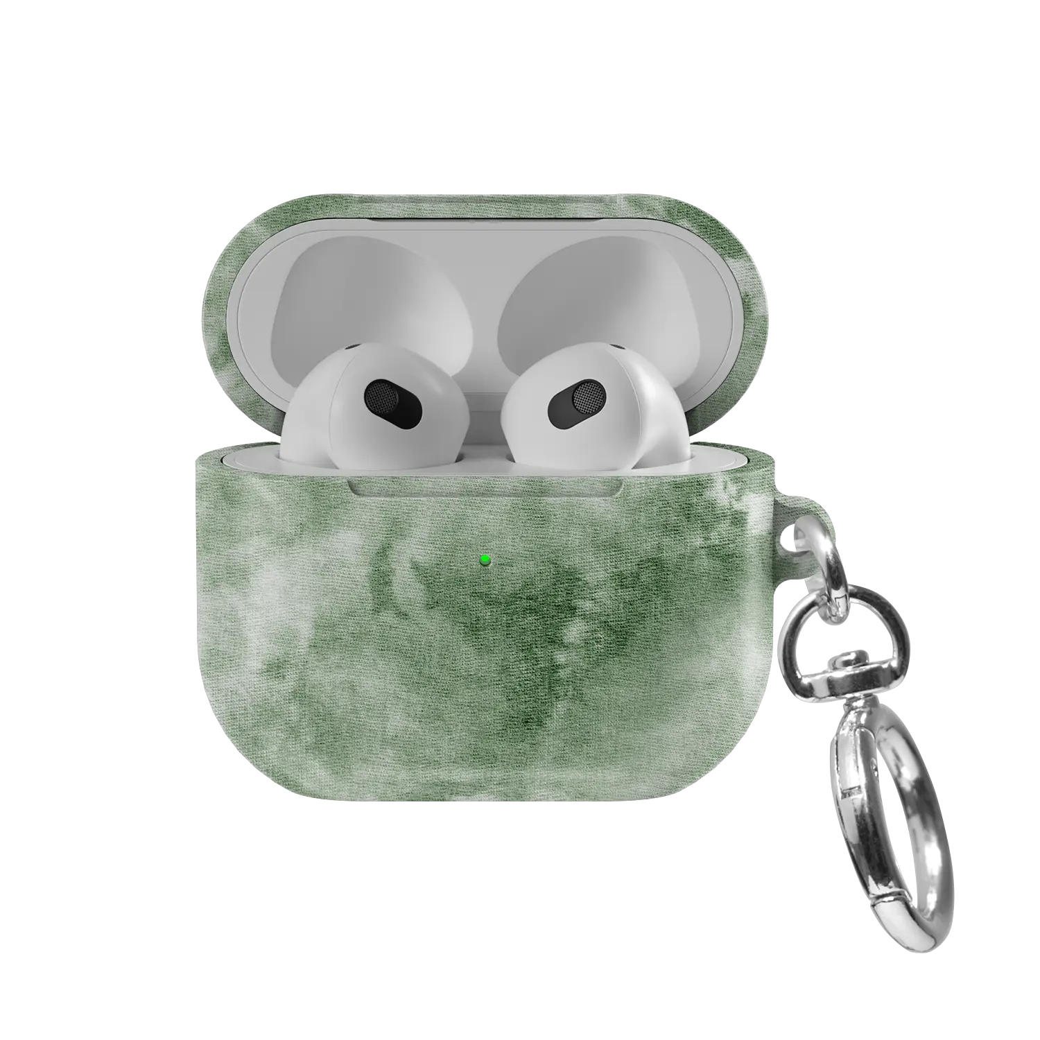 Eucalyptus Dream AirPods case — front view with lid open, showing sage green tie-dye swirl and AirPods nested inside