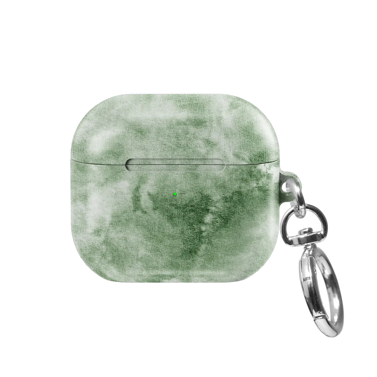 Eucalyptus Dream AirPods case — front view showing tonal sage green tie-dye pattern with keychain clasp