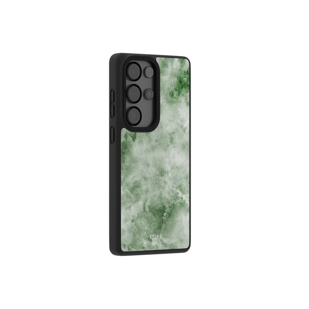 Green tie dye Samsung Galaxy case at a side angle showing the wrapped button covers