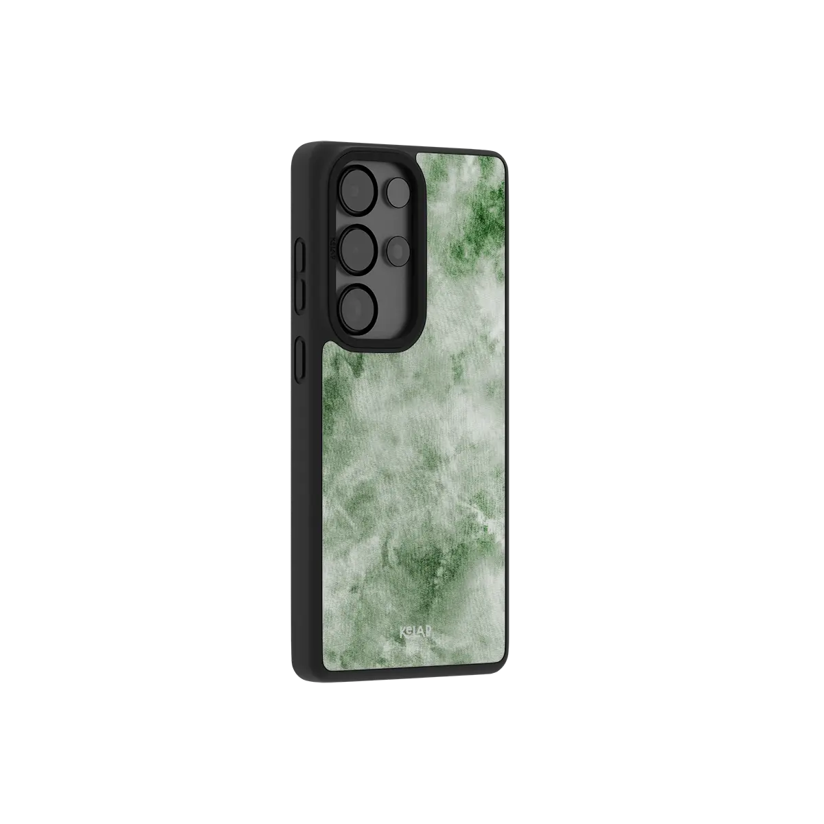Green tie dye Samsung Galaxy case at a side angle showing the wrapped button covers
