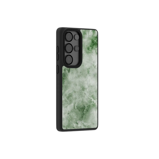 Green tie dye Samsung Galaxy case at a side angle showing the wrapped button covers