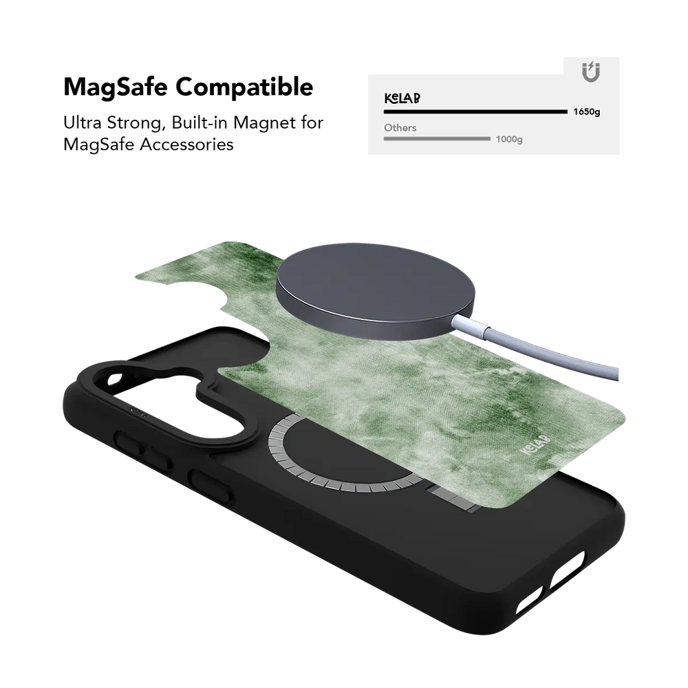 Green tie dye Samsung Galaxy case holding a magnetic wireless charger through the built in ring
