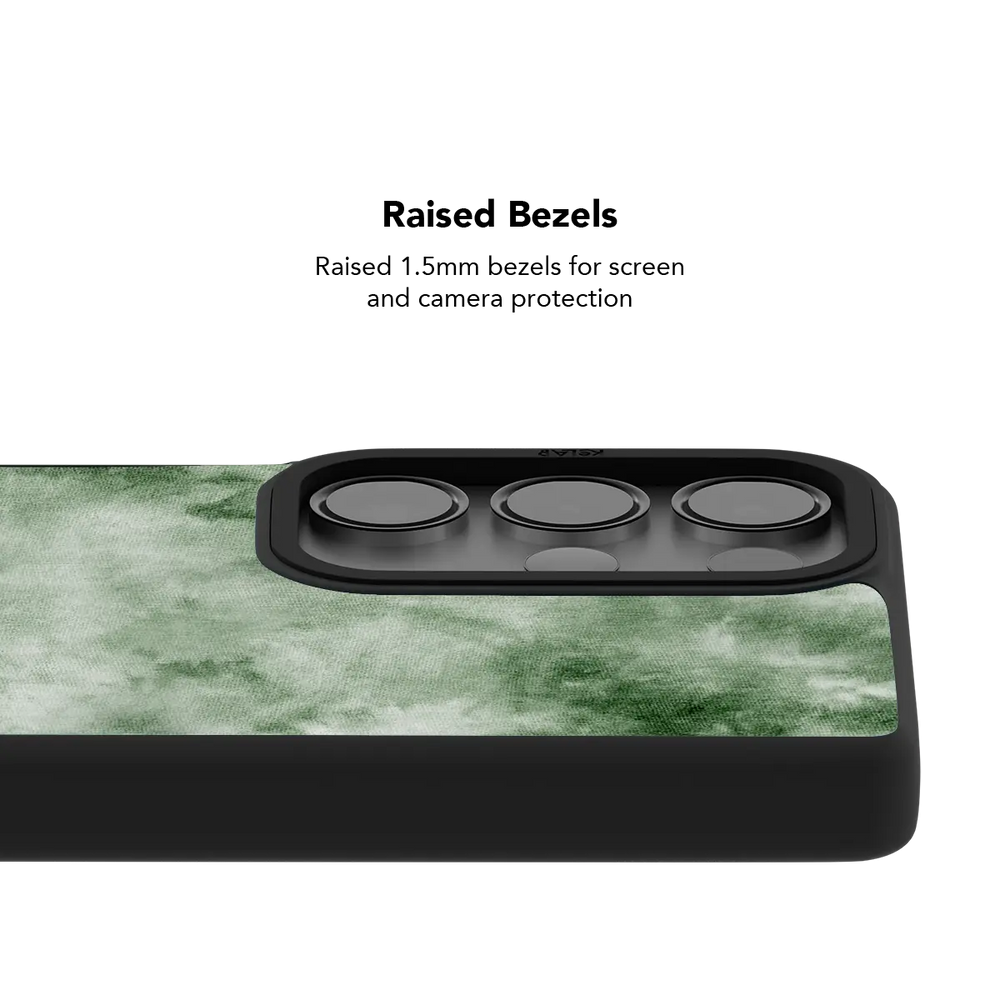 Raised bezel on the green tie dye Galaxy case lifting the camera lenses clear of a flat surface