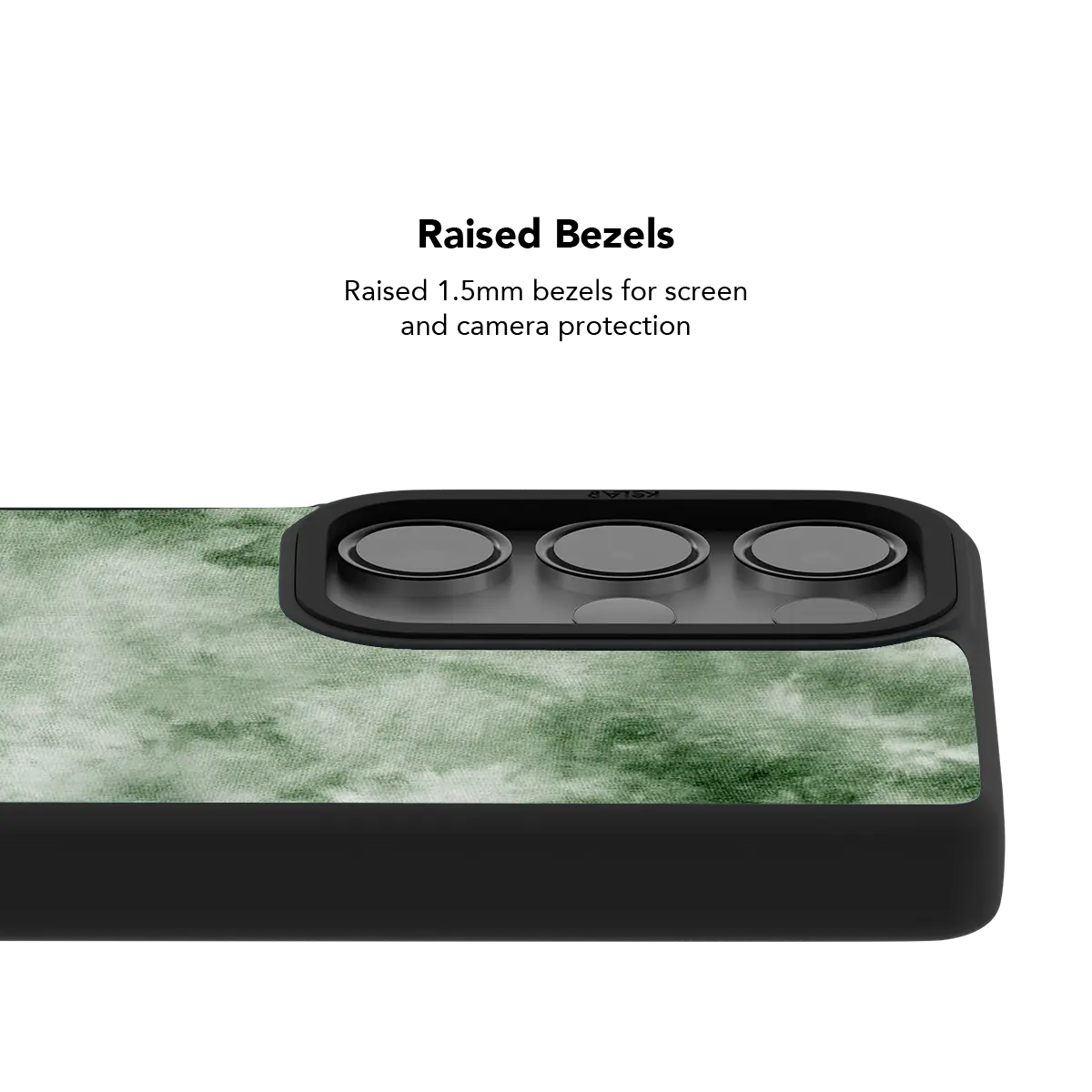 Raised bezel on the green tie dye Galaxy case lifting the camera lenses clear of a flat surface
