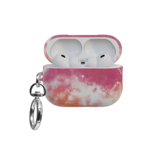 Pink-Orange Tie-Dye airpods pro case front view with open lid and keychain