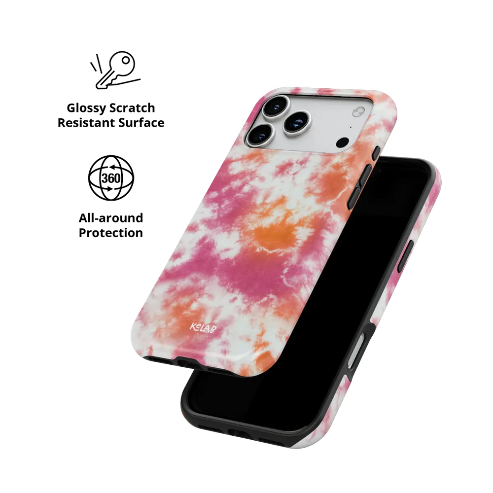 Citrus Blush pink-orange tie-dye Tough iPhone case with glossy, scratch resistant all-around protection.
