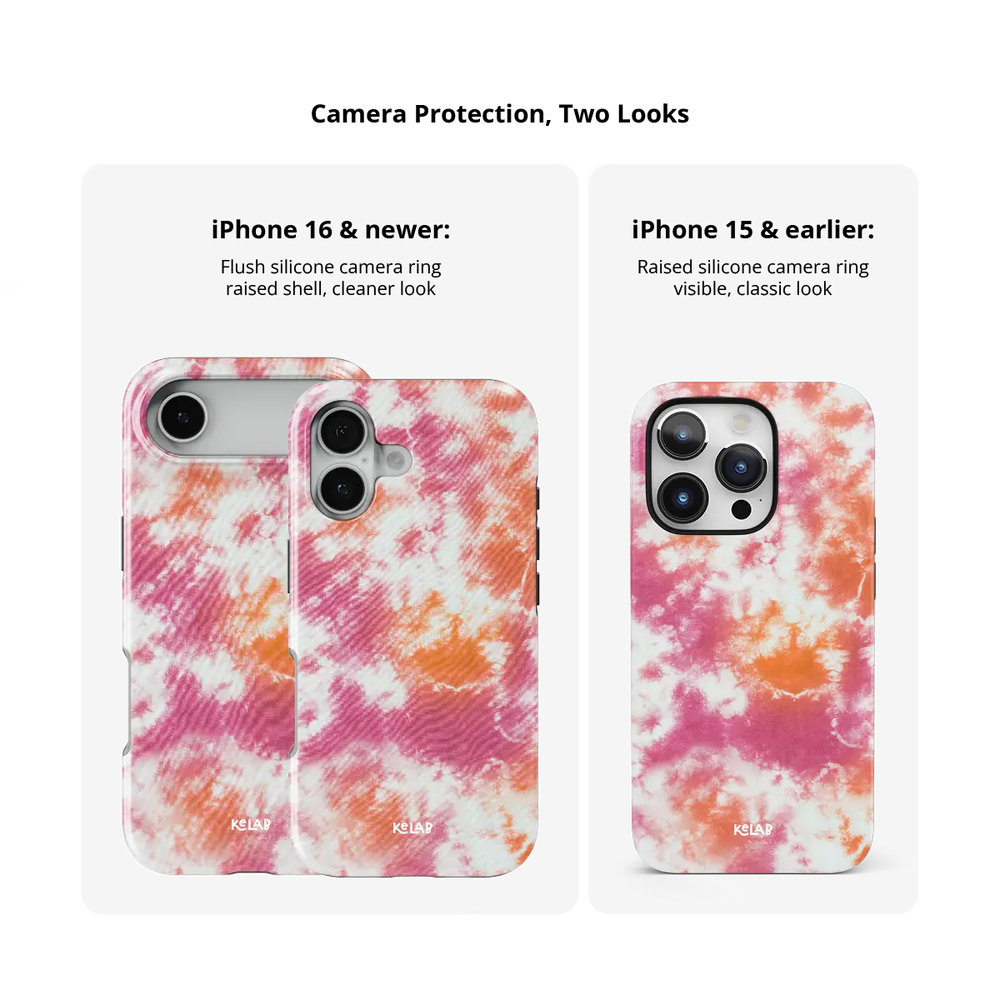 Citrus Blush pink-orange tie-dye Tough iPhone case size comparison across iPhone 15 to 18 models.