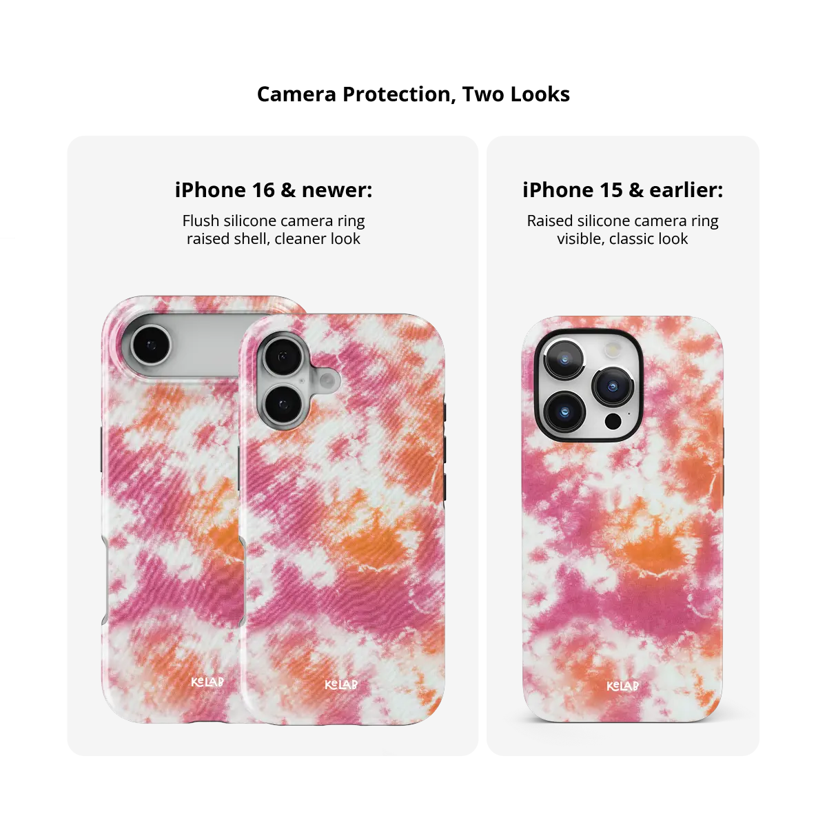 Citrus Blush pink-orange tie-dye Tough iPhone case size comparison across iPhone 15 to 18 models.
