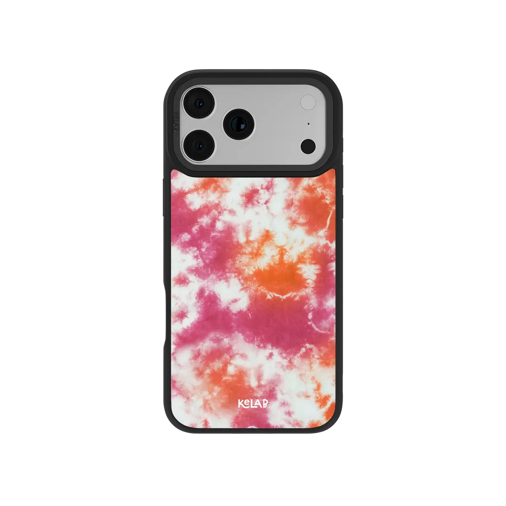 Pink and orange tie-dye textile KELAB iPhone Case with black border and lens openings