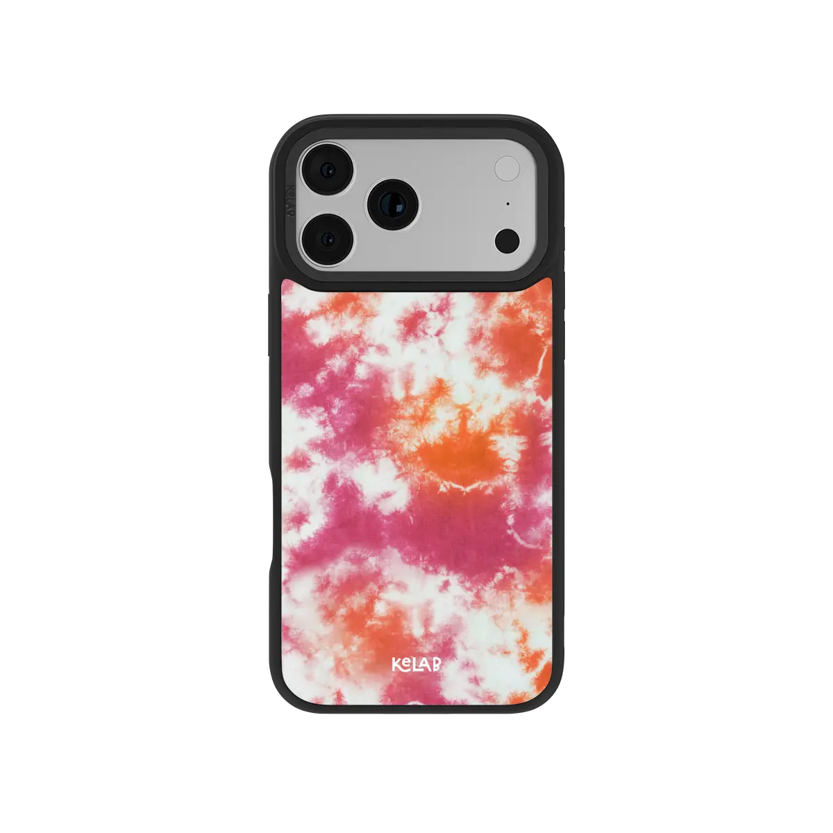 Pink and orange tie-dye textile KELAB iPhone Case with black border and lens openings