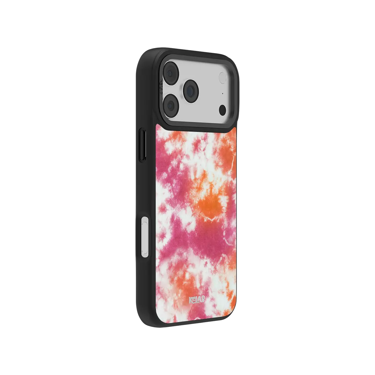 Pink and orange tie-dye KELAB iPhone Case with KELAB logo on dark edge rear view