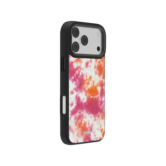 Pink and orange tie-dye KELAB iPhone Case with KELAB logo on dark edge rear view