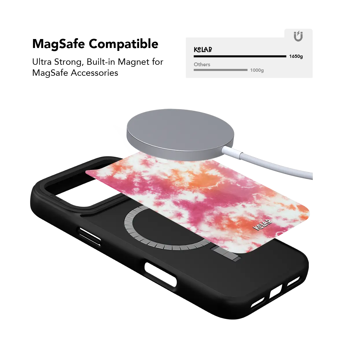 KELAB iPhone Case pink orange tie-dye textile pattern on black tough case with MagSafe ring