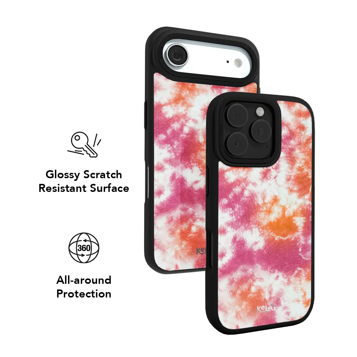 Pink orange tie-dye KELAB iPhone Case textile pattern with camera opening protection edge