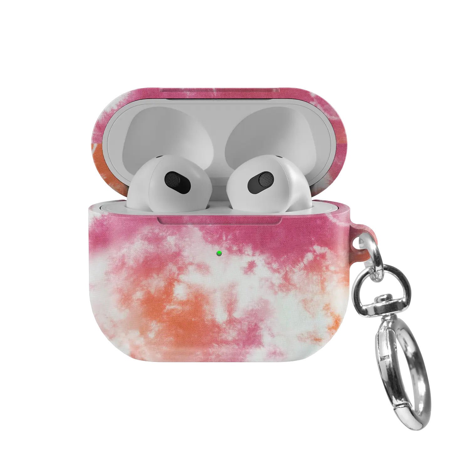 Citrus Blush AirPods case — front view with lid open, showing pink-orange tie-dye swirl and AirPods nested inside