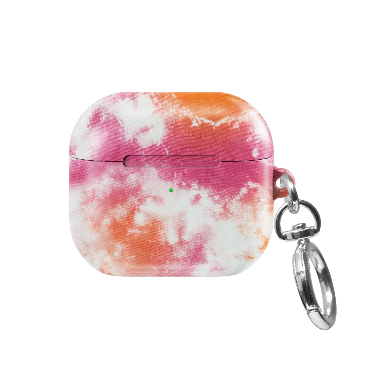 Citrus Blush AirPods case — front view showing hot pink and tangerine tie-dye pattern with keychain clasp