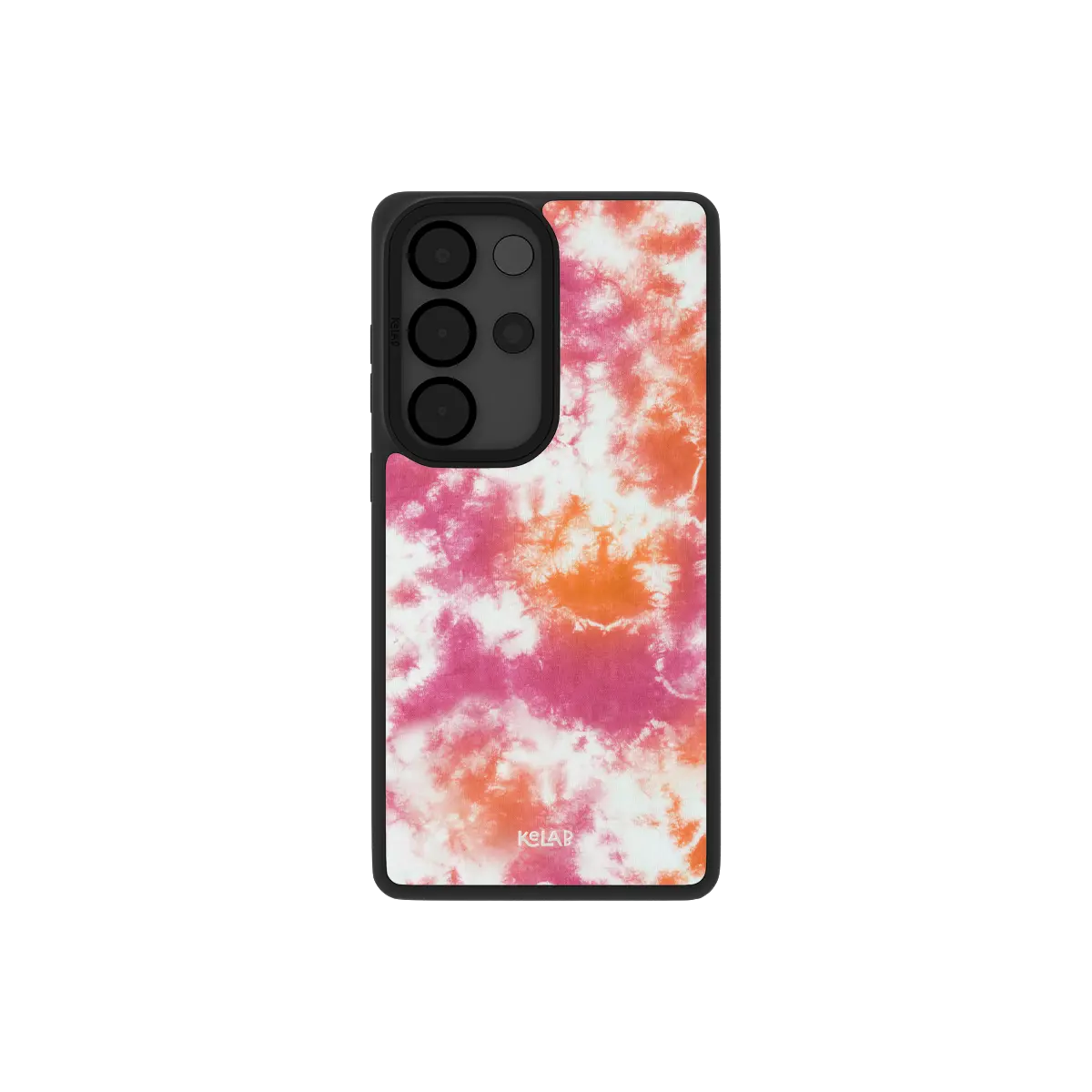 Pink orange tie dye Samsung Galaxy case, back view with a hot pink and tangerine swirl around the camera cutout